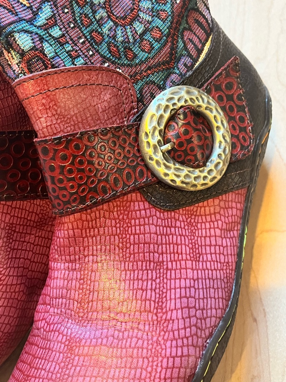 Socofy Tapestry and Leather Tall boots zip up side decorative silver buckle 39 - Picture 9 of 11